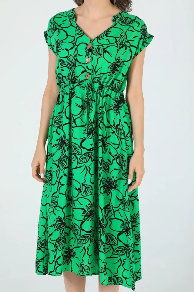 Kadın V Yaka Ön Düğme Detaylı Desenli Elbise Yeşil