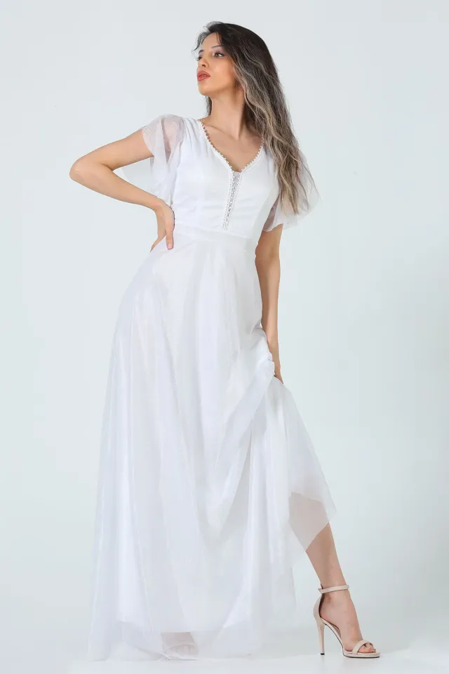 Kadın V Yaka Simli Abiye Elbise Beyaz