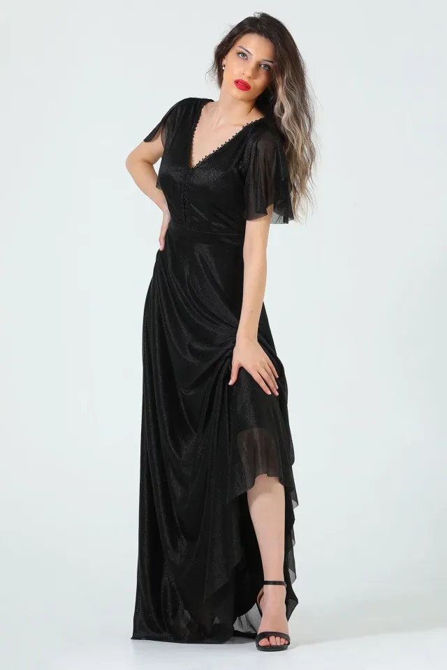 Kadın V Yaka Simli Abiye Elbise Siyah