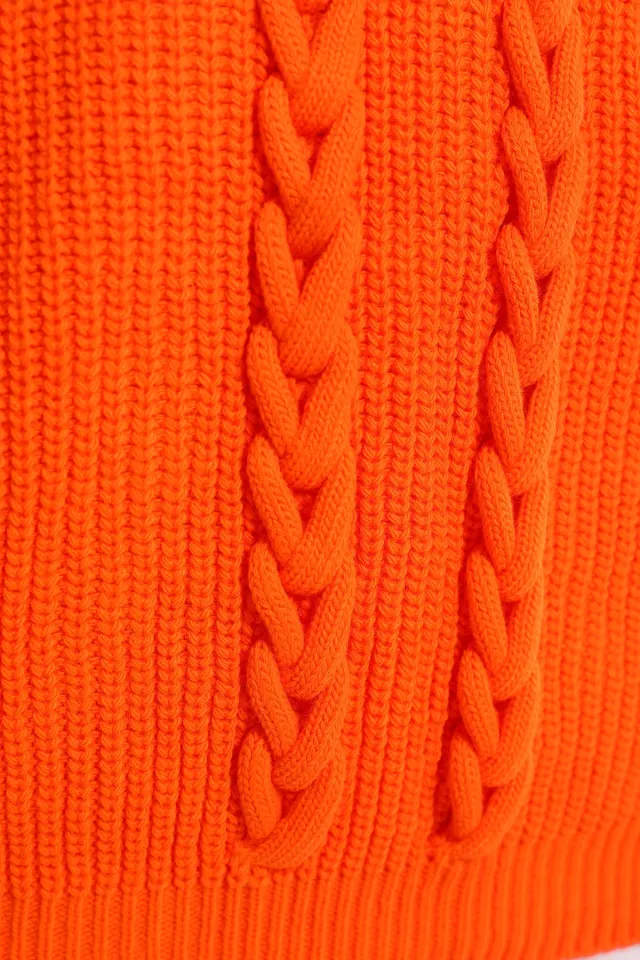 Kadın Vatkalı Örgü Detaylı Triko Süveter Orange