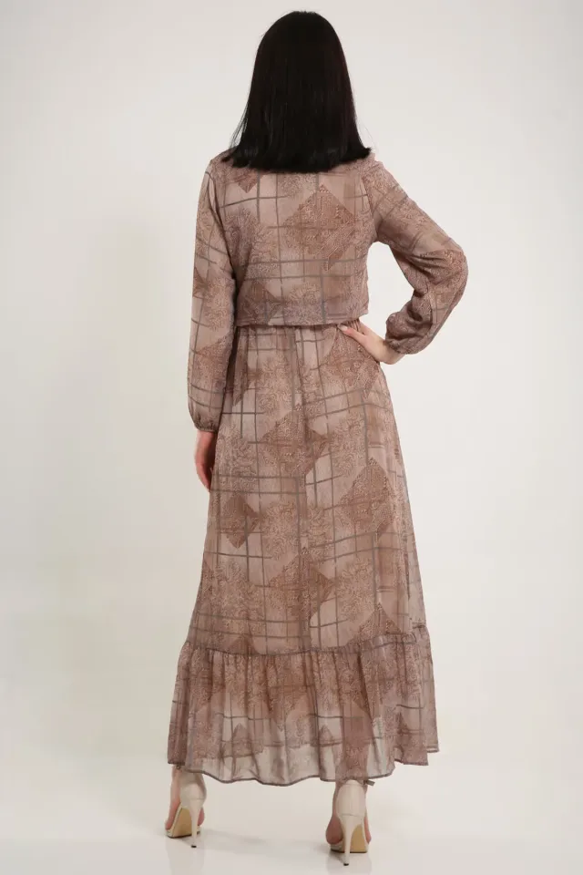 Kadın Yaka Bağlamalı Bel Lastikli Desenli Dökümlü Elbise Vizon
