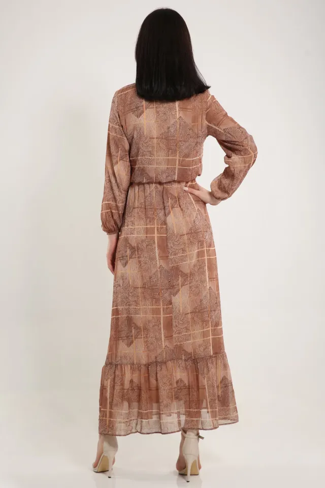 Kadın Yaka Bağlamalı Bel Lastikli Desenli Dökümlü Elbise Camel