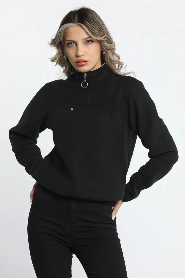 Kadın Yaka Fermuarlı Polar Sweatshirt Siyah