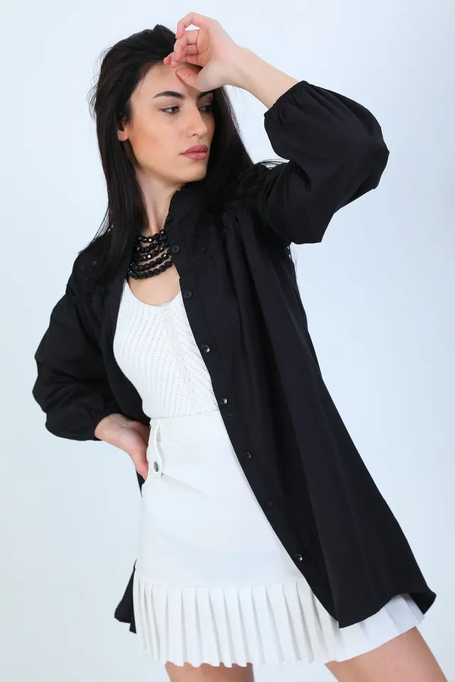 Kadın Yaka Fırfırlı Omuz Fisto Detaylı Tunik Gömlek Siyah