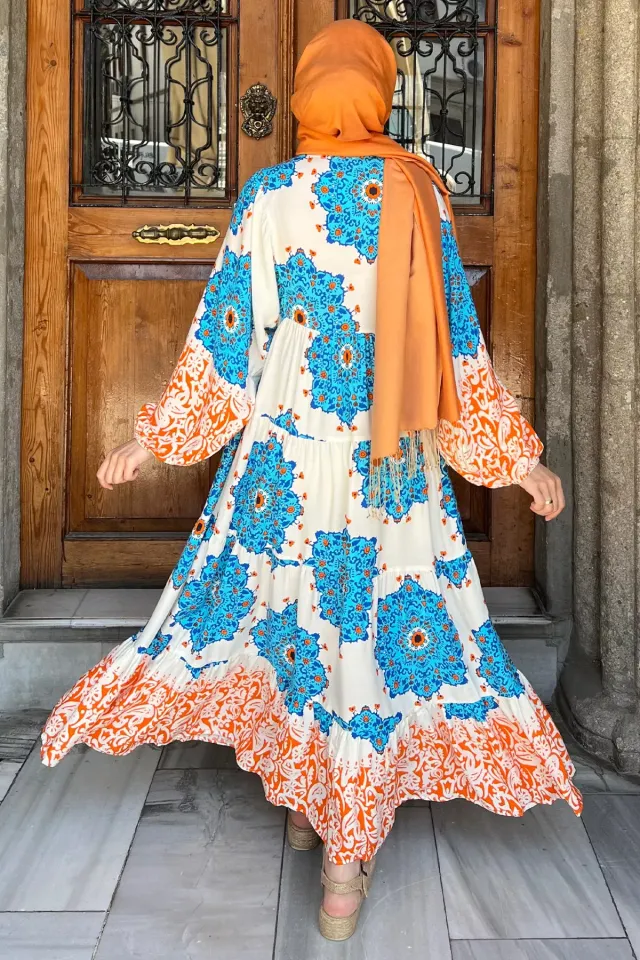 Kadın Yaka İpli Eteği Kat Kat Desenli Viskon Elbise Saksmavisi
