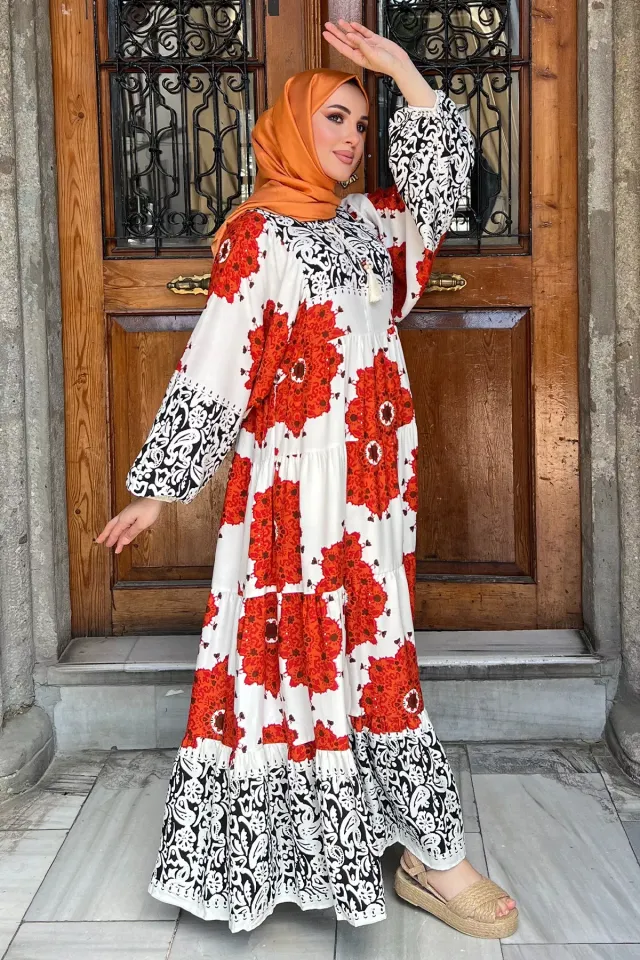 Kadın Yaka İpli Eteği Kat Kat Desenli Elbise Kiremit