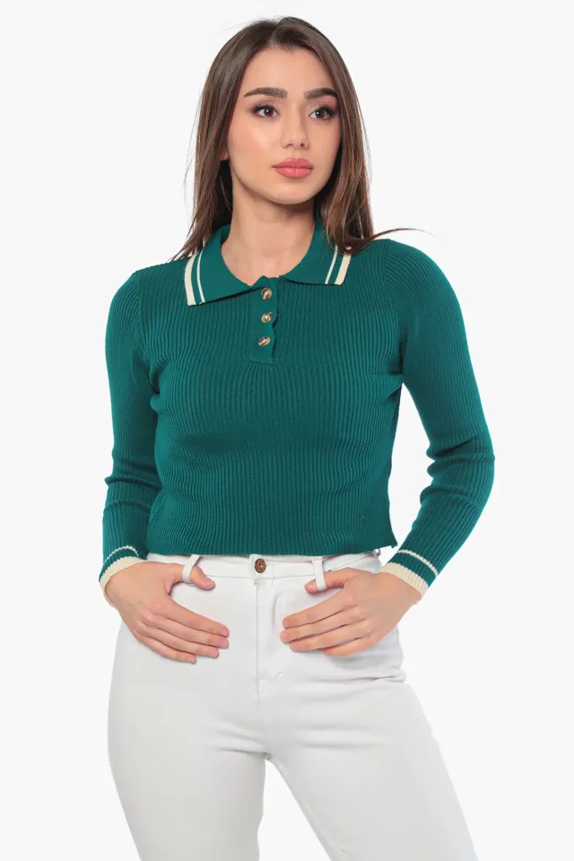 Kadın Yaka Kol Çizgili Düğmeli Triko Bluz Yeşil