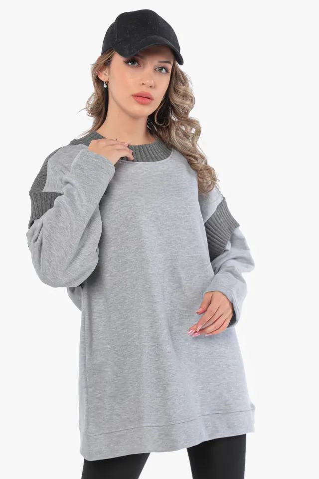 Kadın Yaka Ve Kol Triko Detaylı Sweatshirt Gri