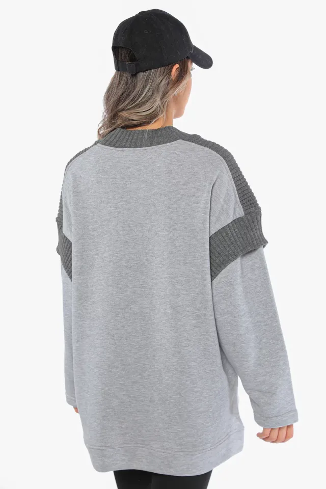 Kadın Yaka Ve Kol Triko Detaylı Sweatshirt Gri