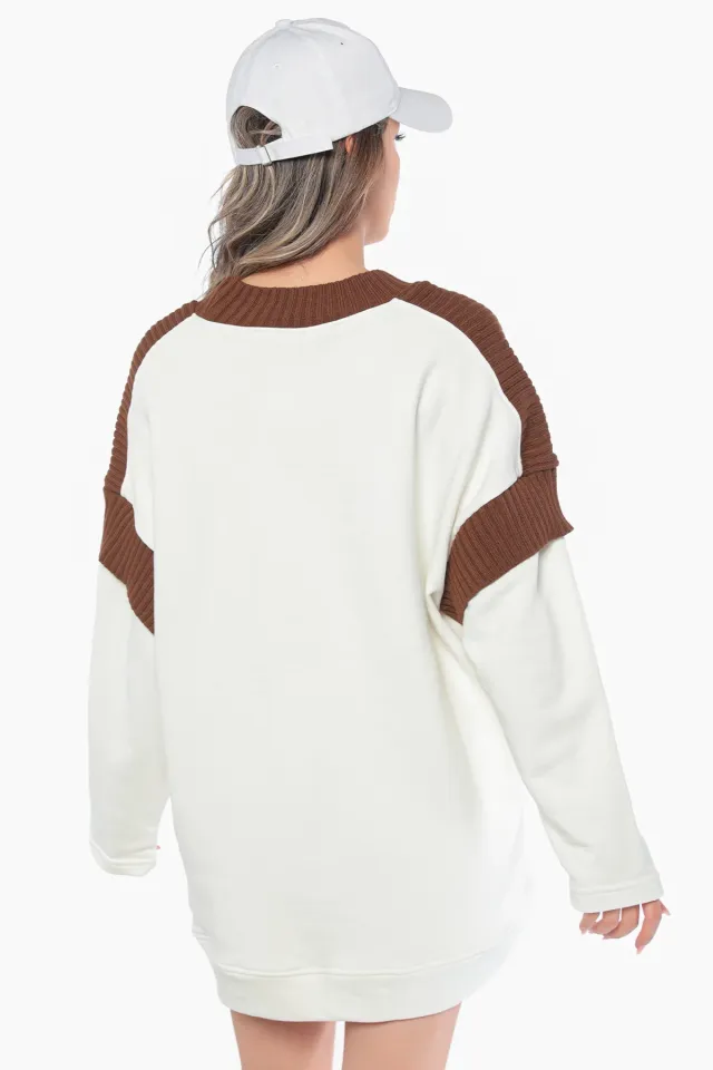 Kadın Yaka Ve Kol Triko Detaylı Sweatshirt Krem