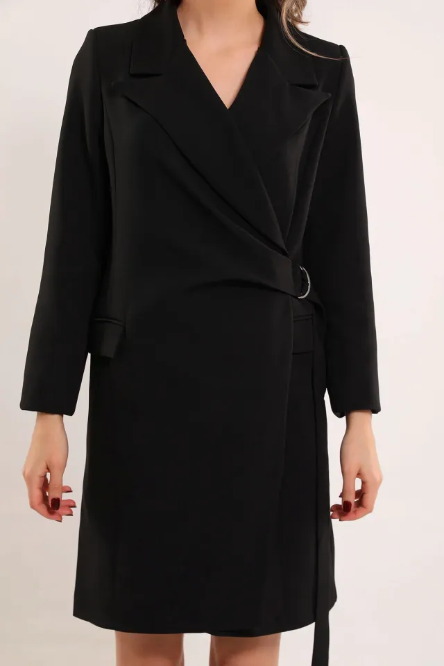 Kadın Yan Bağlamalı Astarlı Elbise Ceket Siyah