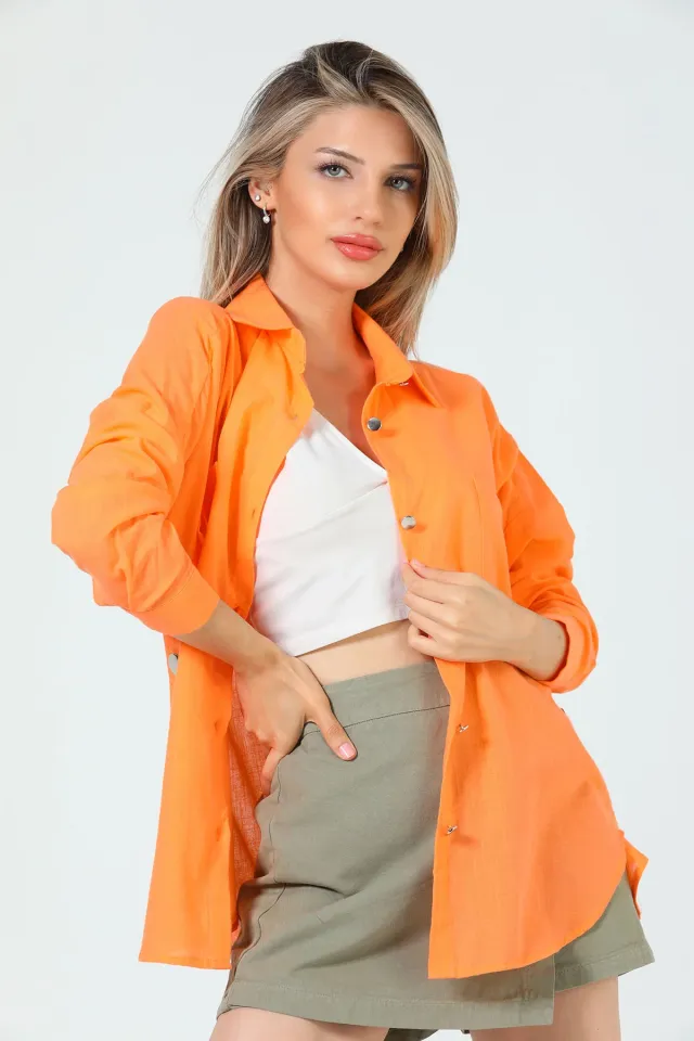 Kadın Yan Düğme Detaylı Çift Cepli Salaş Gömlek Orange