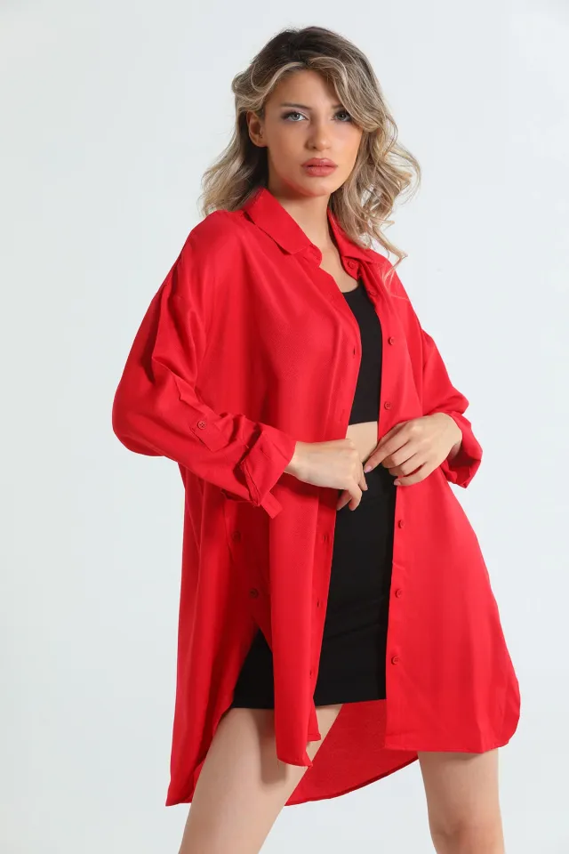 Kadın Yan Yırtmaç Düğme Detaylı Gömlek Tunik Kırmızı