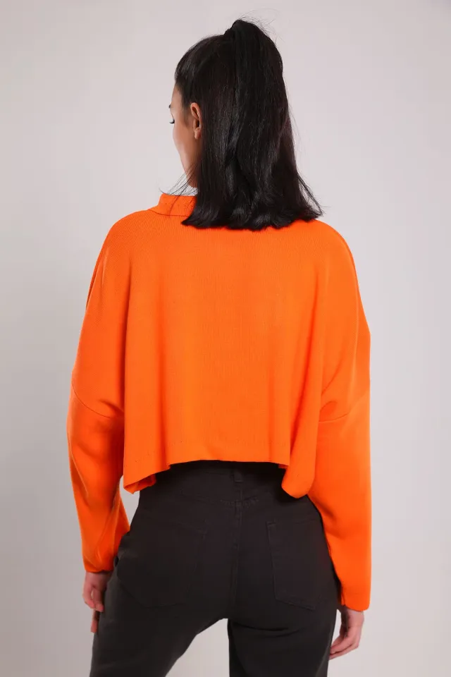 Kadın Yarasa Kol Ön Çıtçıtlı Crop Triko Hırka Orange