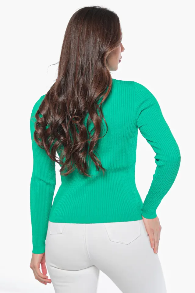 Kadın Yarım Balıkçı Likralı Desenli Triko Bluz Yeşil