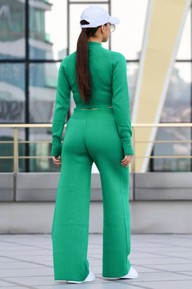 Kadın Yarım Balıkçı Örgü Crop Kazak Pantolon Triko Alt-üst Takım Yeşil
