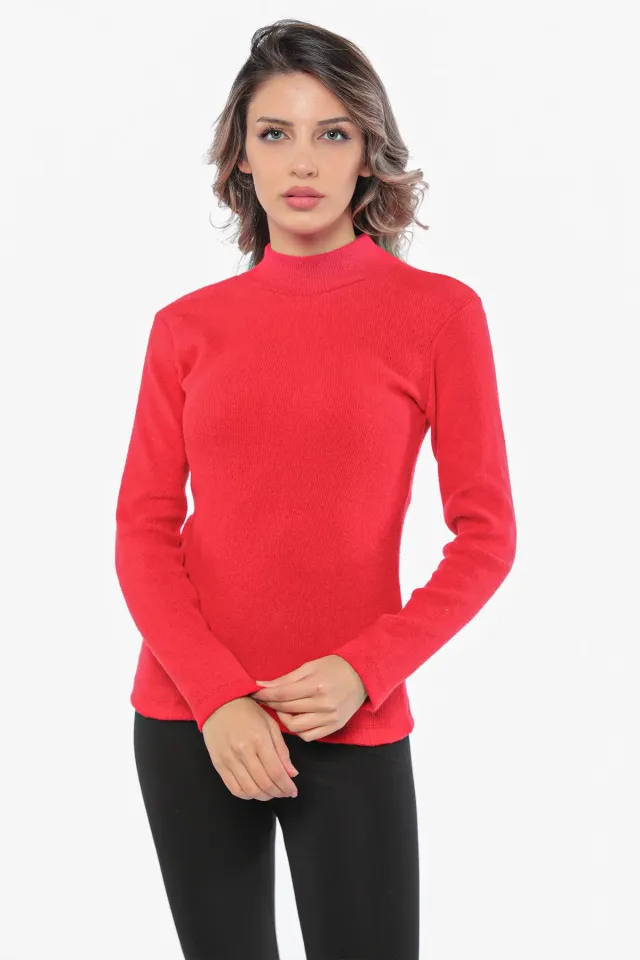 Kadın Yarım Balıkçı Yaka Likralı Fitilli Kaşkorse Bluz Kırmızı