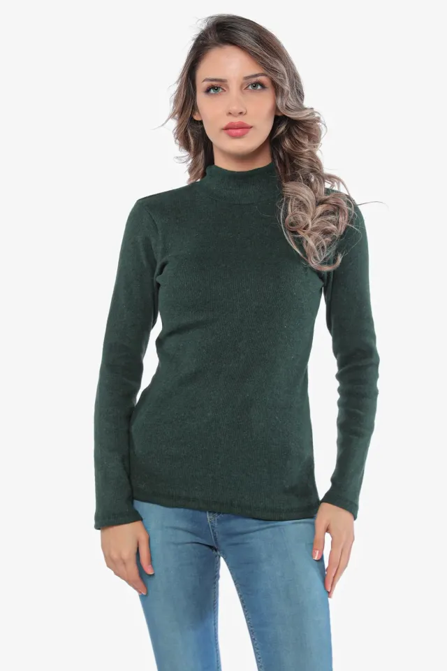 Kadın Yarım Balıkçı Yaka Likralı Fitilli Kaşkorse Bluz Zümrüt Yeşili
