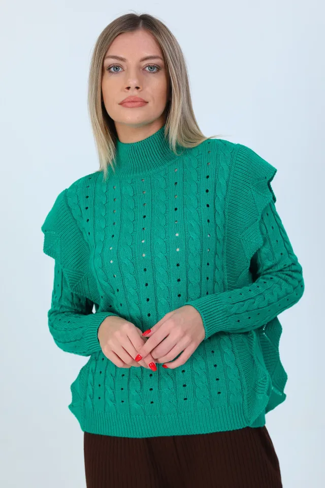 Kadın Yarım Balıkçı Yaka Likralı Tarz Triko Bluz Yeşil