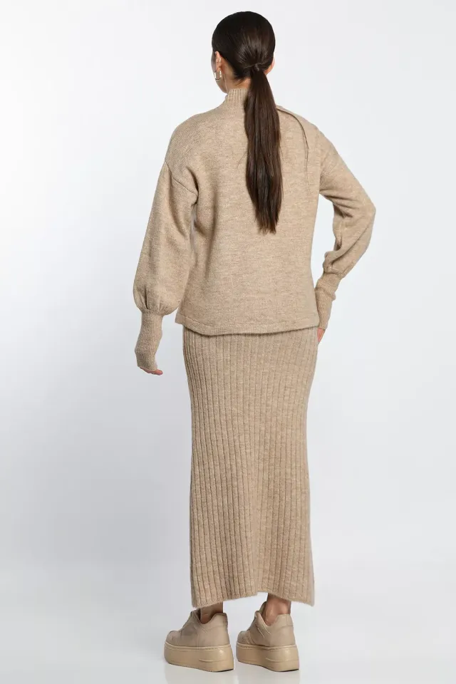 Kadın Yarım Balıkçı Yaka Nakışlı Triko Bluz Elbise İkili Takım Taş