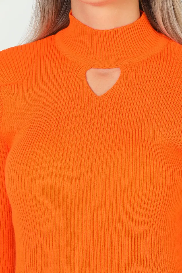 Kadın Yarım Balıkçı Yaka Ön Pencereli Likralı Triko Bluz Orange