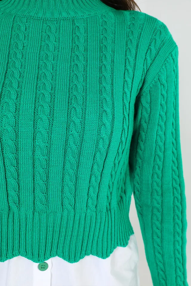 Kadın Yarım Balıkçı Yaka Örgü Desenli Triko Bluz Yeşil