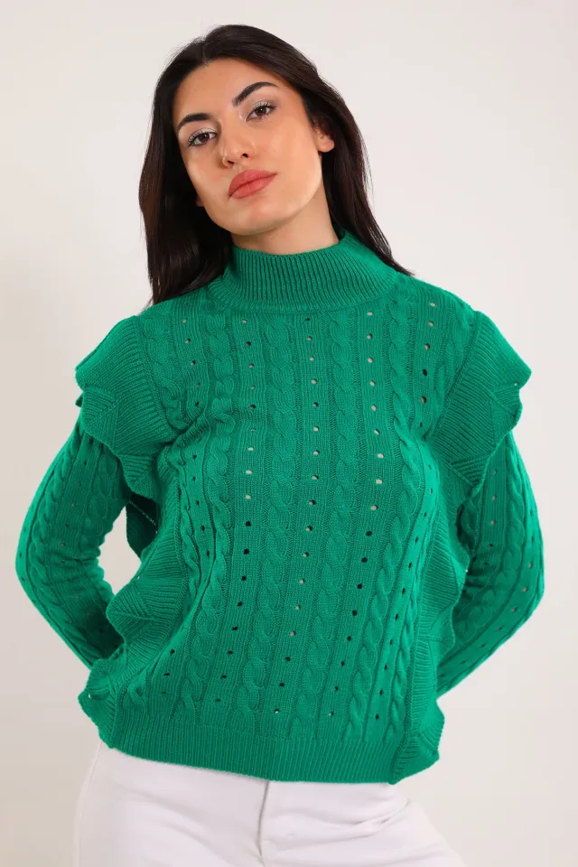 Kadın Yarım Balıkçı Yaka Örgü Desenli Tarz Triko Bluz Yeşil
