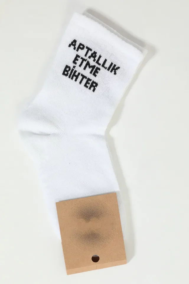 Kadın Yazı Baskılı Soket Çorap Beyaz