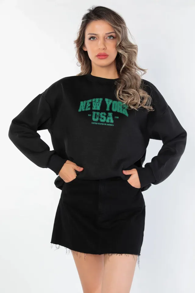 Kadın Yazılı Şardonlu Sweatshirt Siyah