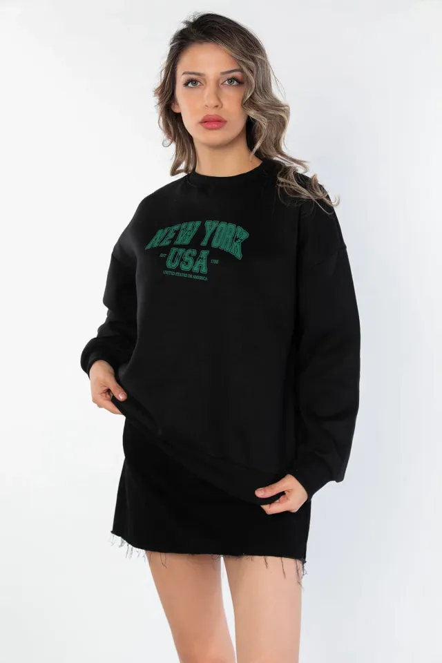 Kadın Yazılı Şardonlu Sweatshirt Siyah
