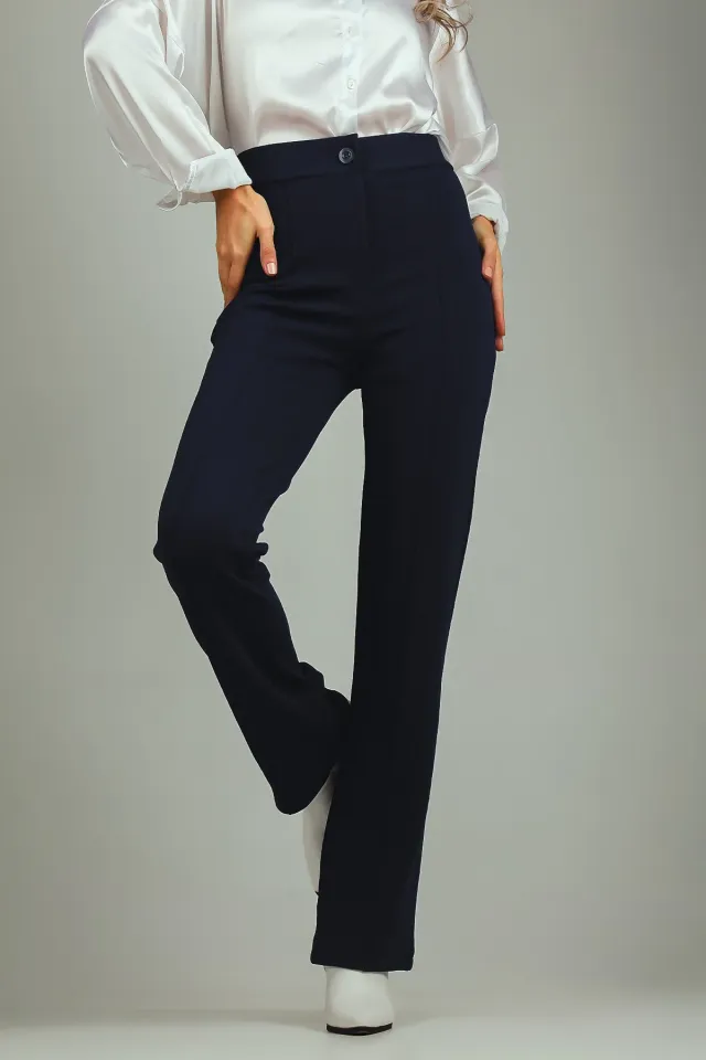 Kadın Yüksek Bel Çimalı Likralı Kumaş Pantolon Lacivert