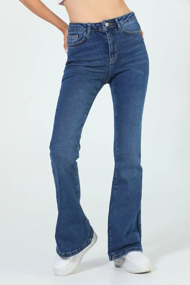 Kadın Yüksek Bel İspanyol Paça Jeans Pantolon Mavi