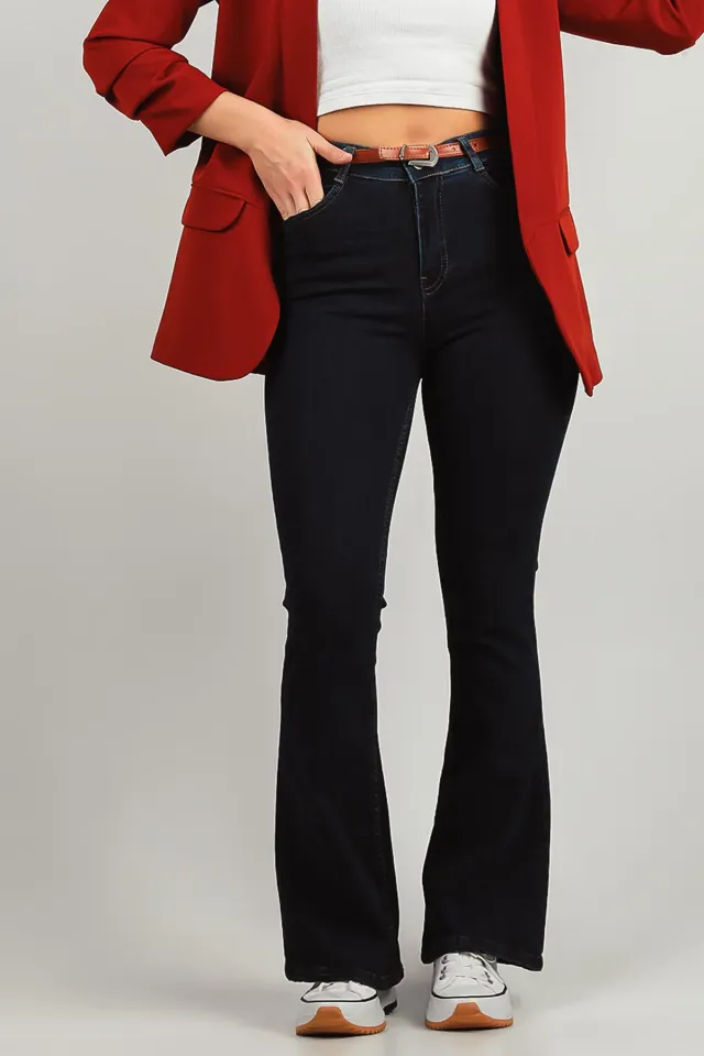 Kadın Yüksek Bel İspanyol Paça Likralı Jeans Pantolon Lacivert