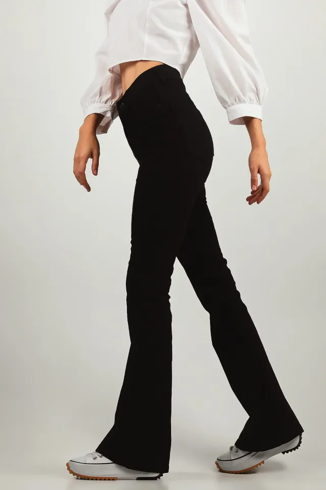 Kadın Yüksek Bel İspanyol Paça Likralı Jeans Pantolon Siyah