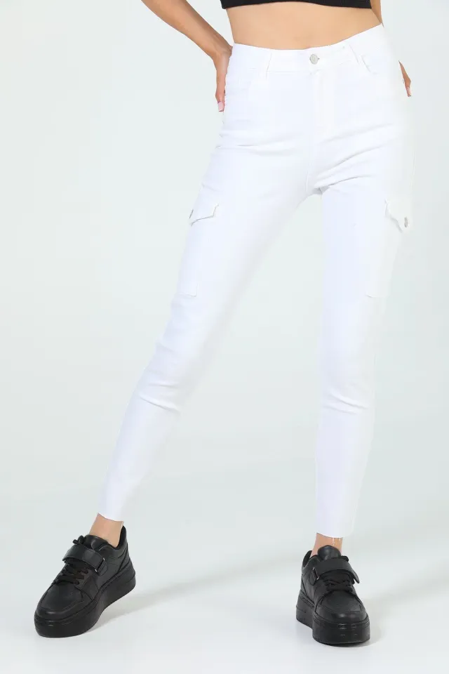 Kadın Yüksek Bel Kargo Cepli Likralı Jeans Pantolon Beyaz