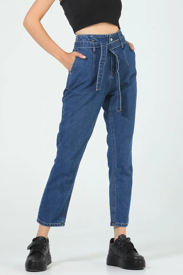 Kadın Yüksek Bel Kuşaklı Jeans Pantolon Mavi