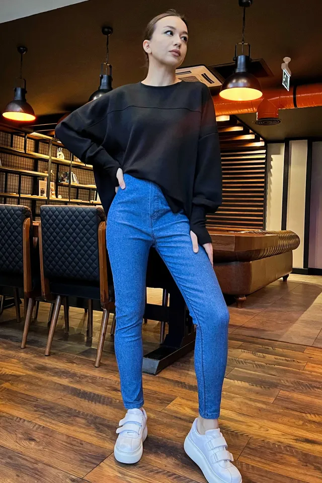 Kadın Yüksek Bel Likralı Jean Kot Pantolon Mavi