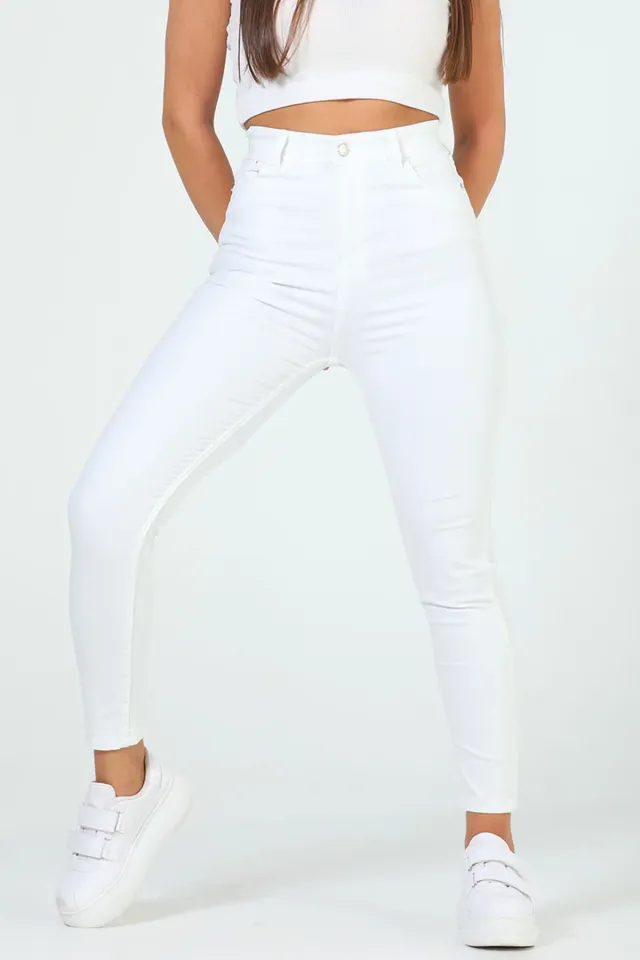 Kadın Yüksek Bel Likralı Jeans Pantolon Beyaz