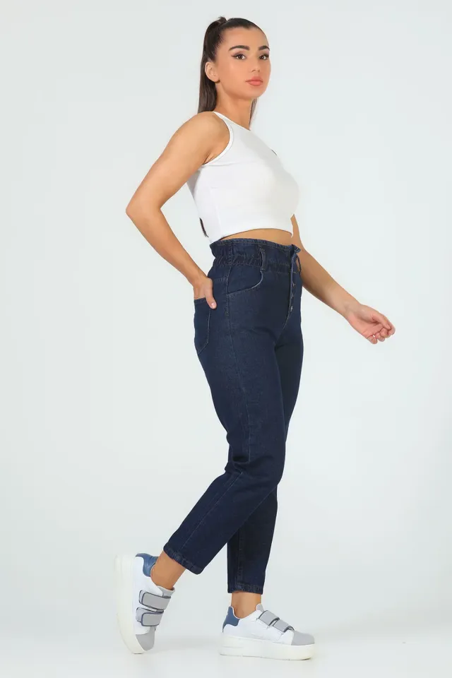 Kadın Yüksek Bel Mom Jeans Pantolon Lacivert