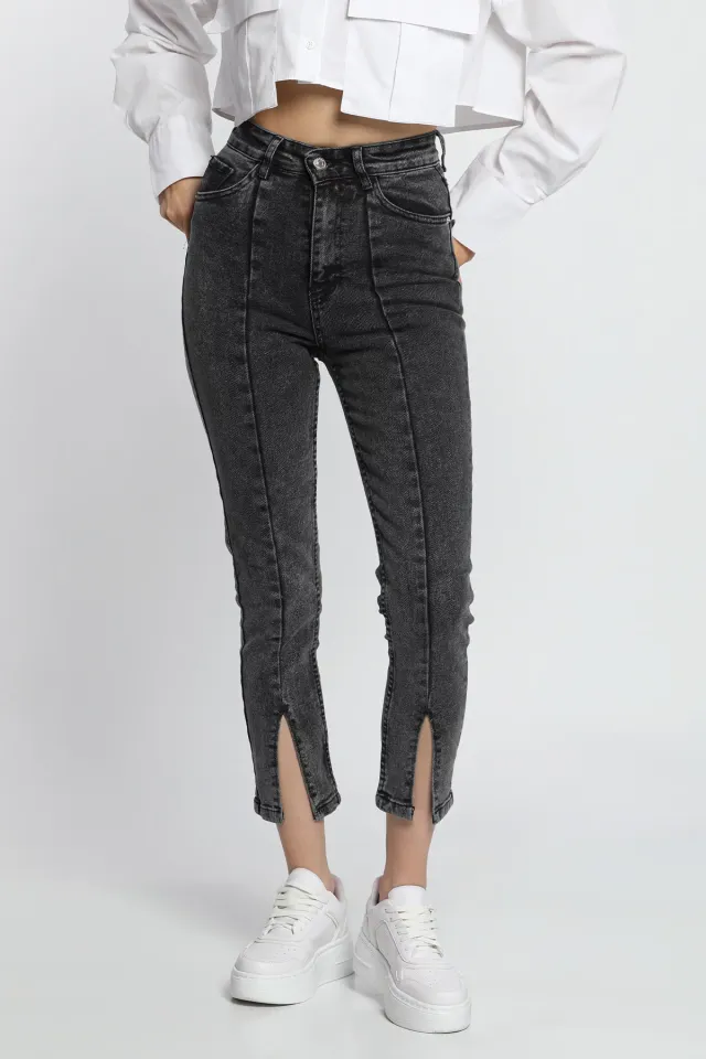 Kadın Yüksek Bel Ön Yırtmaç Detaylı Jeans Pantolon Antrasit