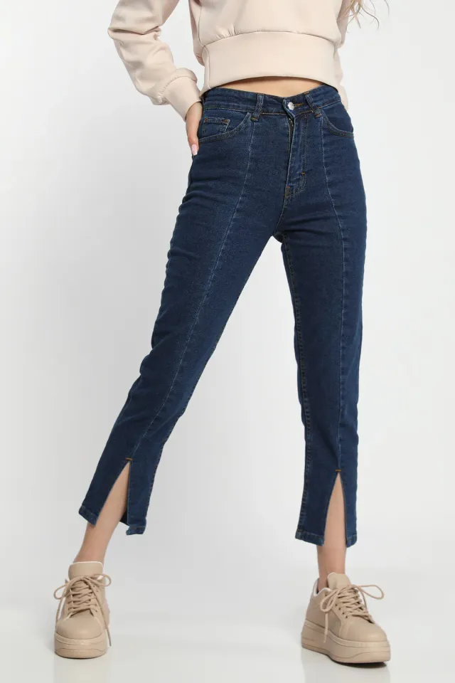 Kadın Yüksek Bel Ön Yırtmaç Detaylı Jeans Pantolon Lacivert