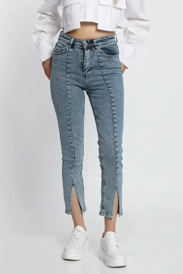 Kadın Yüksek Bel Ön Yırtmaç Detaylı Jeans Pantolon Mavi