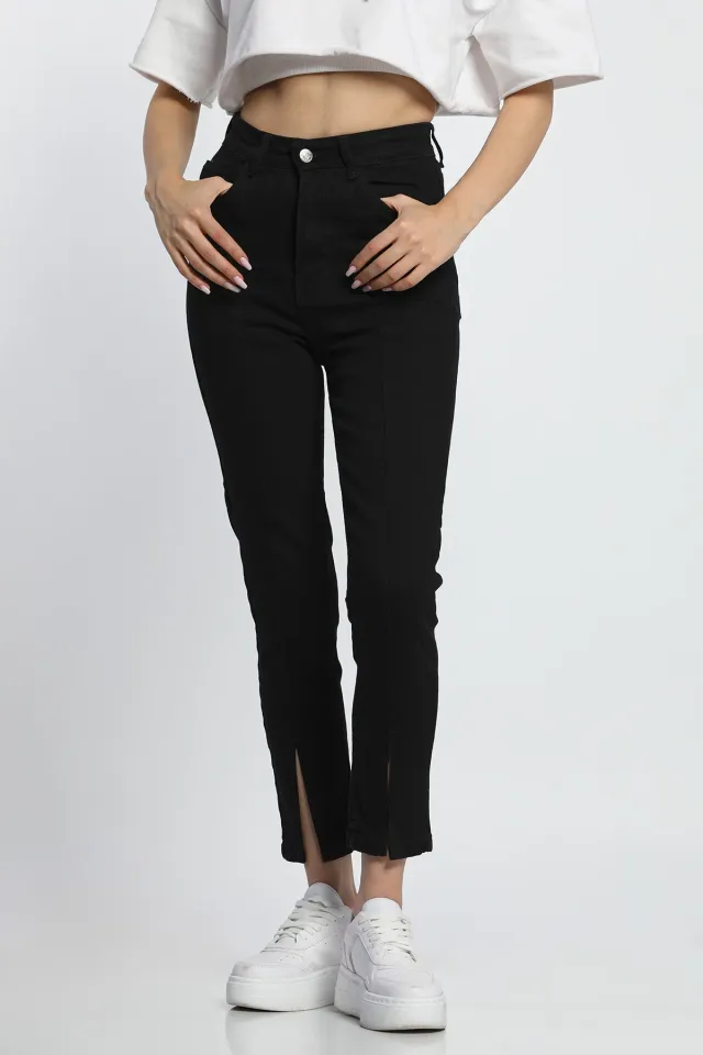 Kadın Yüksek Bel Ön Yırtmaç Detaylı Jeans Pantolon Siyah