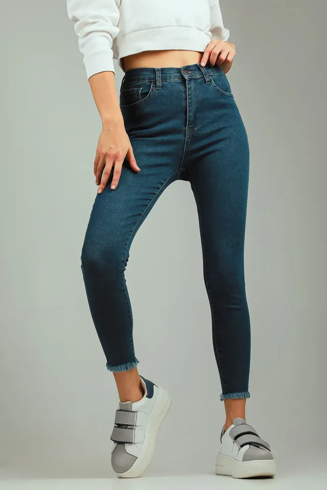 Kadın Yüksek Bel Paça Püsküllü Likralı Jeans Pantolon Mavi