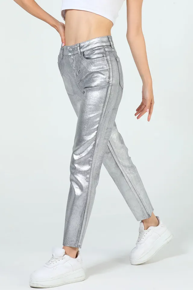 Kadın Yüksek Bel Silver Parlak Pantolon Gri