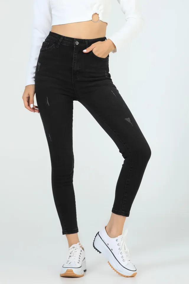 Kadın Yüksek Bel Tırnaklı Jeans Pantolon Antrasit