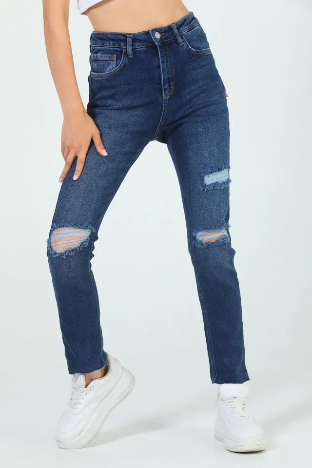 Kadın Yüksek Bel Yırtıklı Jeans Pantolon Lacivert