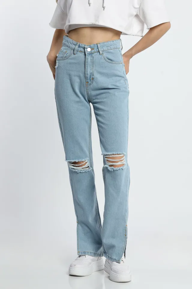 Kadın Yüksek Bel Yırtmaç Detaylı Yırtıklı Jeans Pantolon Açıkmavi