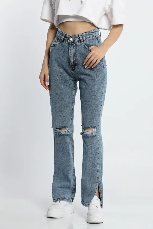 Kadın Yüksek Bel Yırtmaç Detaylı Yırtıklı Jeans Pantolon Mavi