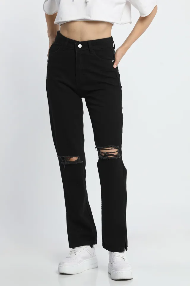 Kadın Yüksek Bel Yırtmaç Detaylı Yırtıklı Jeans Pantolon Siyah